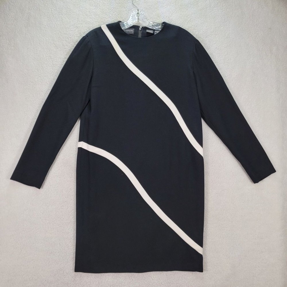 Y2K Liz Claiborne Black Retro Striped Crew Neck Long Sleeve Mod Shift Midi Dress